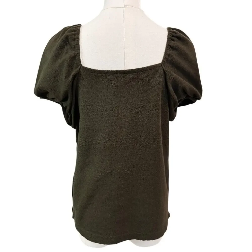 New MADEWELL Women's Deep Green Puff Sleeves Jacquard Square Neck Top Size S